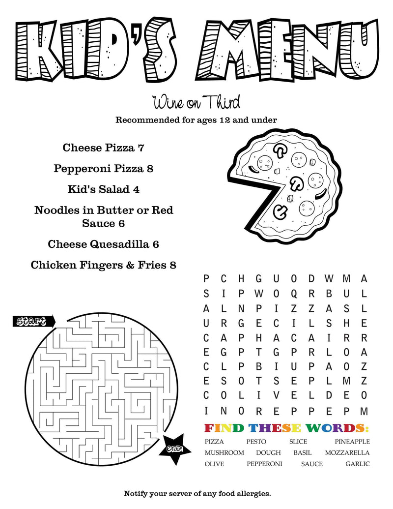 Kids Menu Coloring Sheets